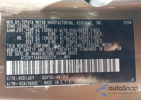 2009 Toyota Venza Base V6 from USA, damaged, VIN 4T3ZK11A89U002571